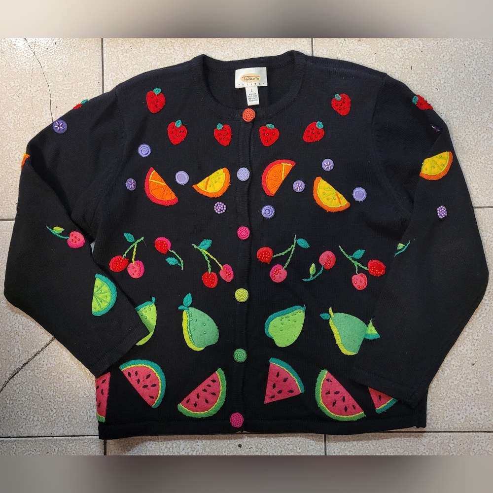 *Rare* Vintage Cardigan Sweater Black Multicolor Fruit Print Crocheted Buttons
